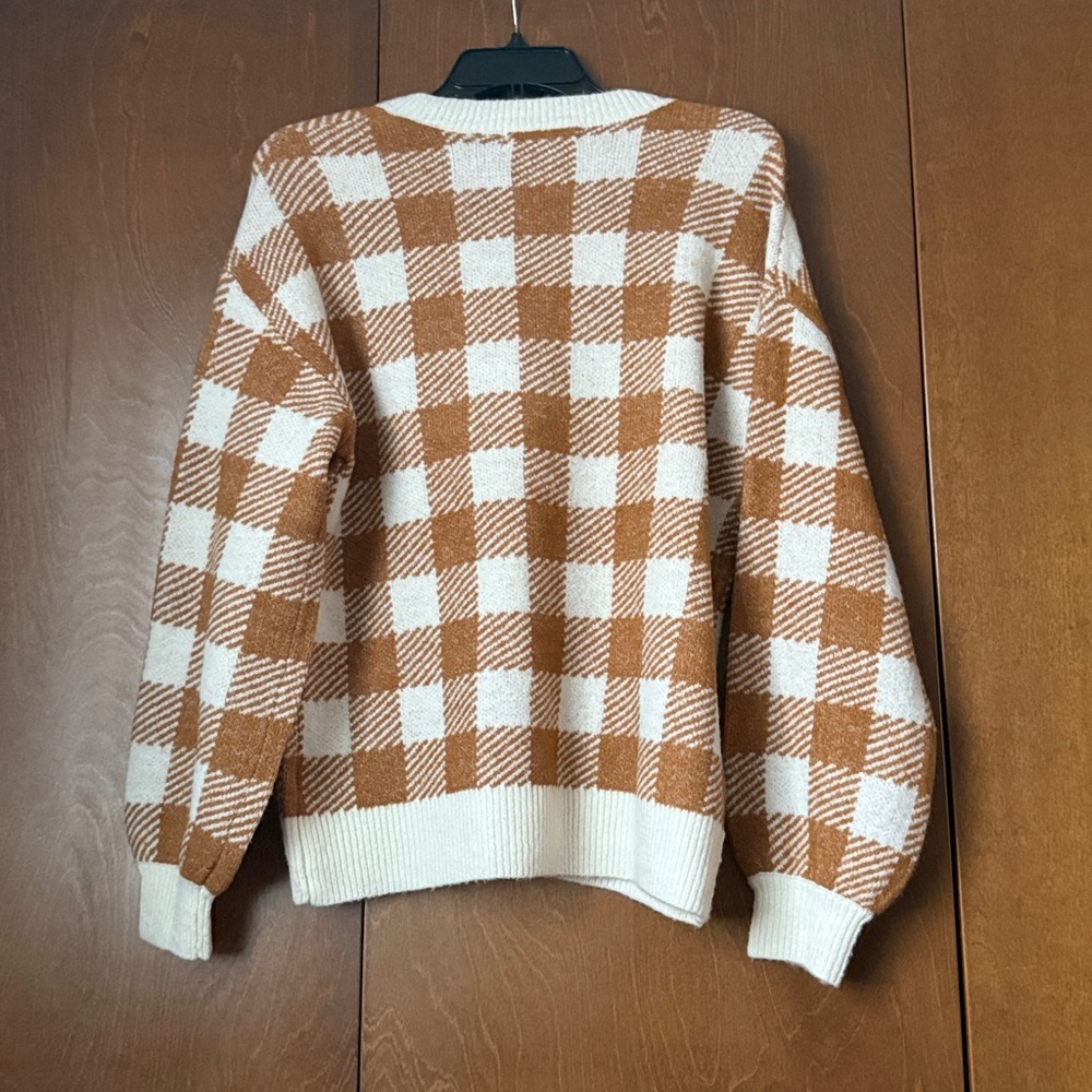 Workshop V-Neck Checkered Sweater - Carmel Brown & Cream Ret $68 Sz M Soft - Picture 4 of 6